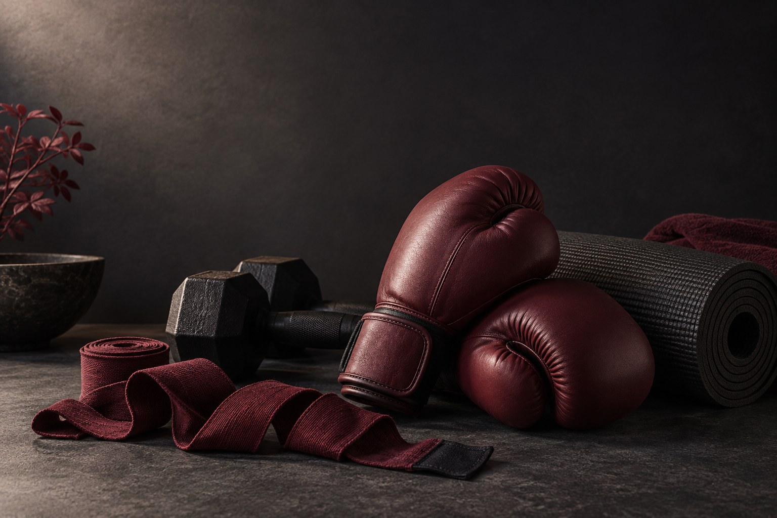 Burgundy boxing gloves, weights and a rolled exercise mat
